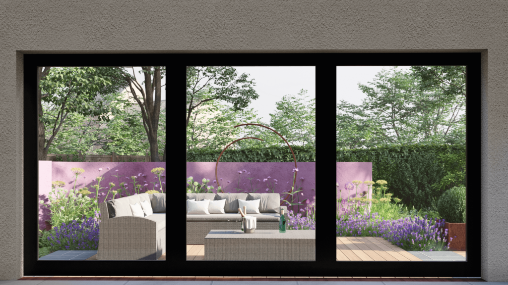 Garden CGI Design Virtual Render Elmwood Barn - view from interior facing outside seating area