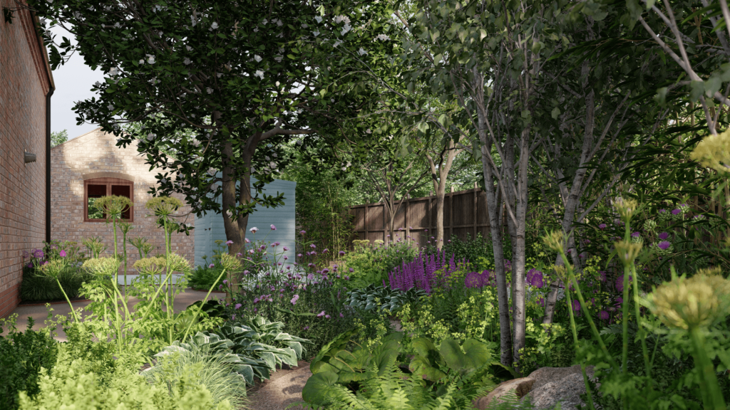 Garden CGI Design Virtual Render Elmwood Barn - view from interior of garden
